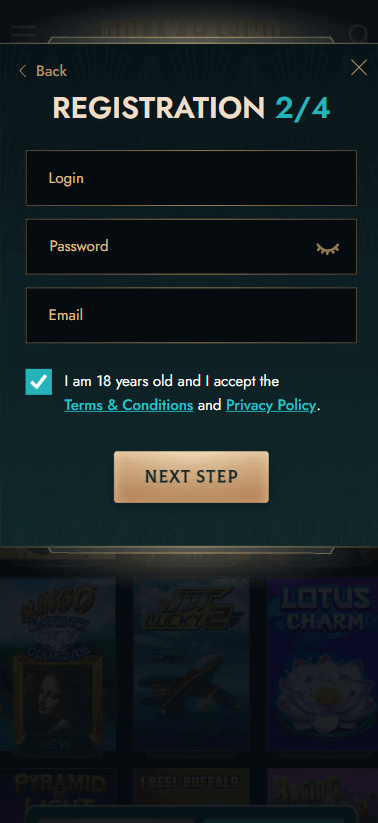 Step 2 of the DollyCasino Registration Process