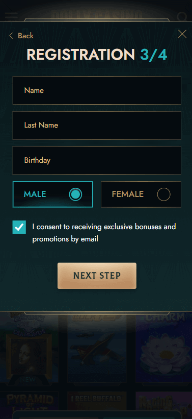 Step 3 of the DollyCasino Registration Process