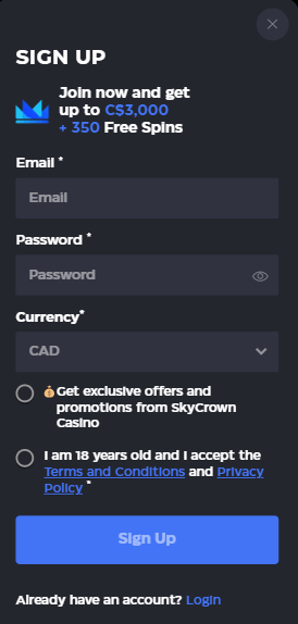 First look at SkyCrown Casino's registration process.