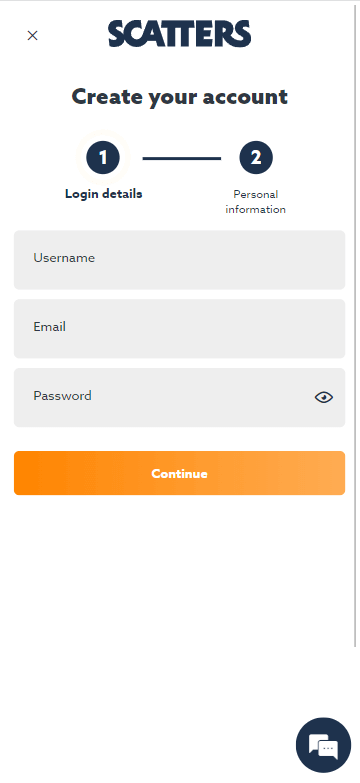 Images of the Scatters Casino registration process: Step 2