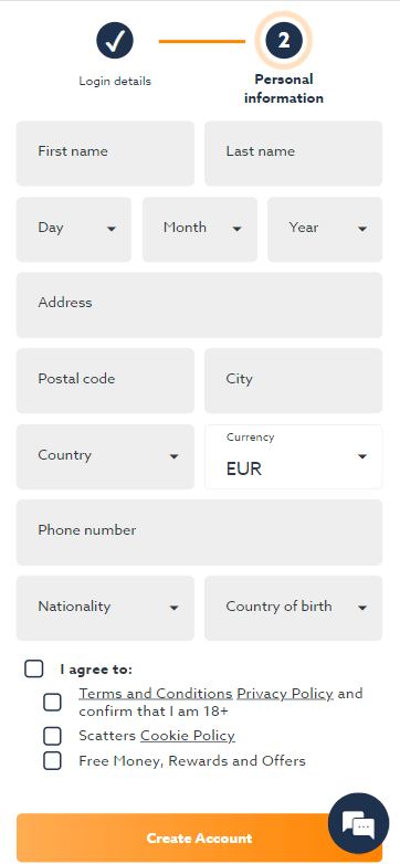 Images of the Scatters Casino registration process: Step 3