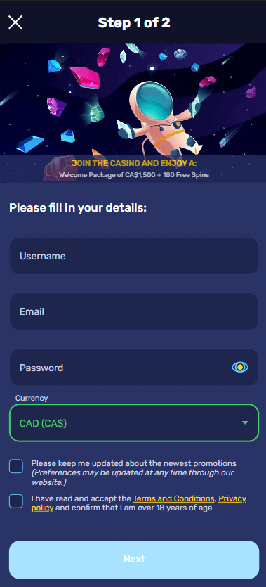 Visuals depicting the Galaxyno Casino registration process.