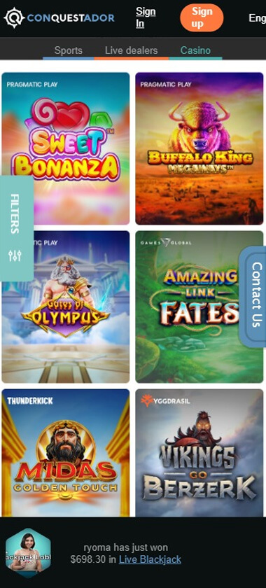 Second mobile screenshot of Conquestador Casino.