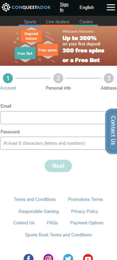 Screenshot 2 of the Conquestador Casino registration procedure.
