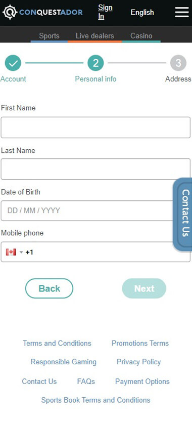 Screenshot 3 of the Conquestador Casino registration procedure.
