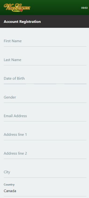 Visual representation of the registration process at Vegas Country Casino, Step 2.