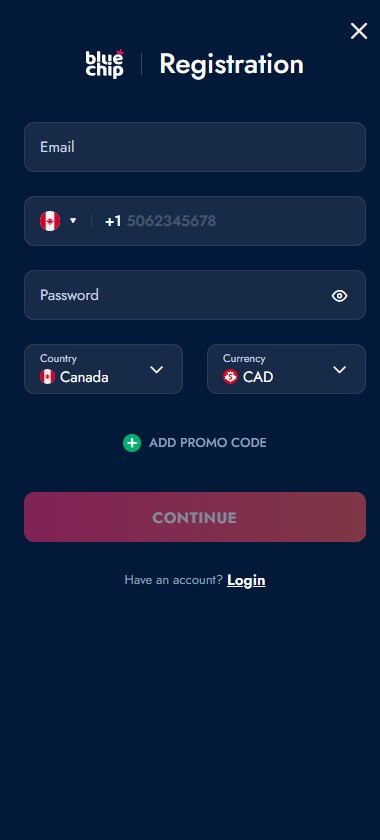 An illustrative guide to the Bluechip Casino registration steps, part 1.