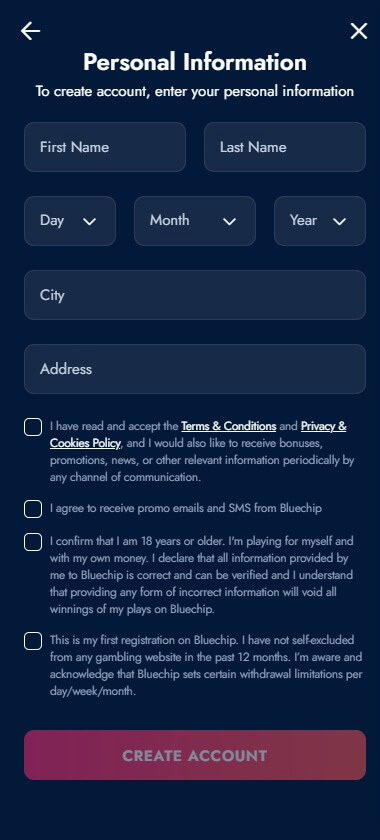 An illustrative guide to the Bluechip Casino registration steps, part 2.