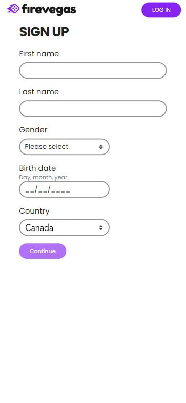 Visual Steps: Registration at FireVegas Casino - Step 1.