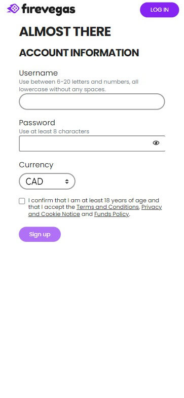 Visual Steps: Registration at FireVegas Casino - Step 3.
