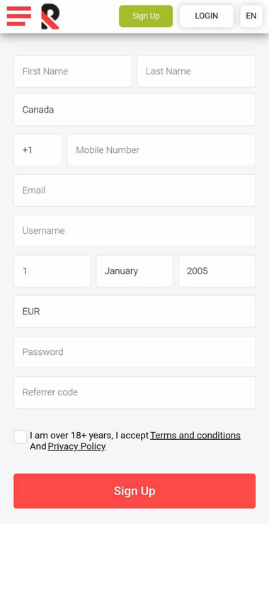 Image depicting the initial steps of the Rolletto Casino registration process.