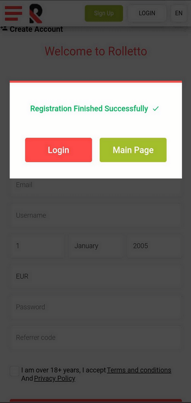 Image showing the subsequent steps for registering at Rolletto Casino.
