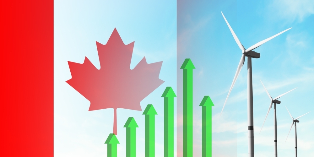 Wind energy installations and data visuals on the Canadian flag background
