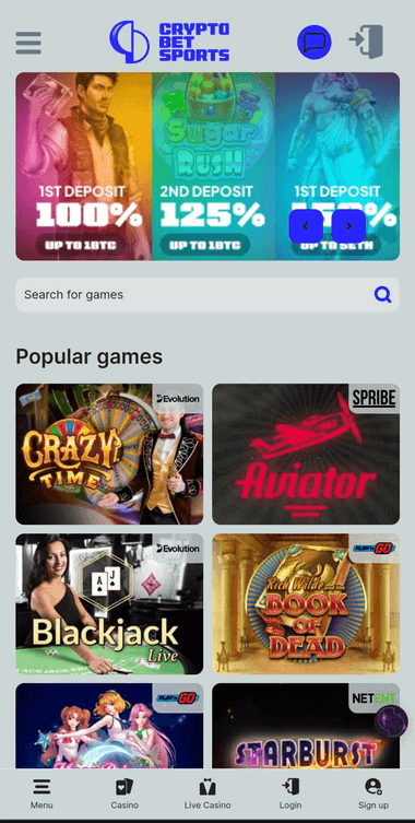 CryptoBet Casino Mobile Preview 1