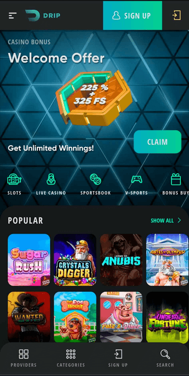 Drip Casino Mobile Preview 1