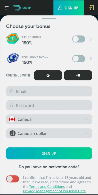 Speed up registration by using Google or Telegram credentials for a fast-tracked process.