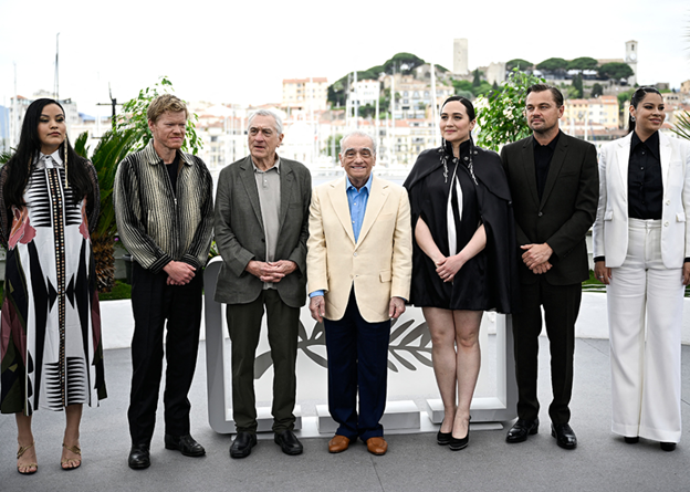 Martin Scorsese, alongside stars Robert De Niro, Leonardo DiCaprio, and Lily Gladstone, at Cannes.