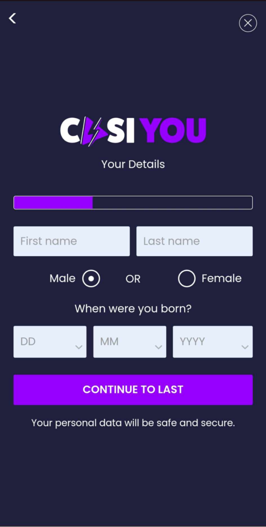 Step-by-step visuals showing how to sign up at CasiYou Casino.