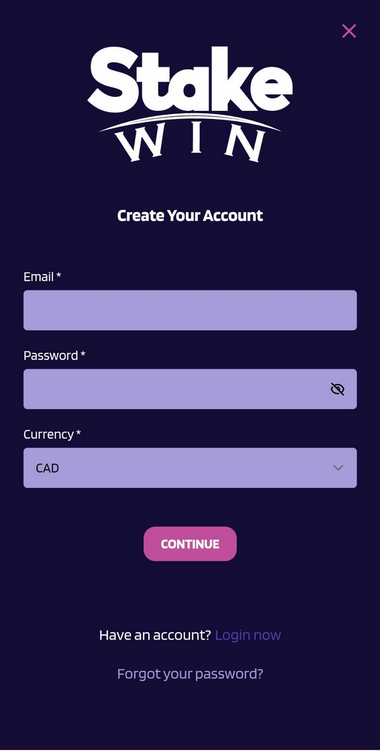 Visit StakeWin Casino’s homepage where you'll find a modern and dynamic user interface displayed in vibrant shades of purple and pink.