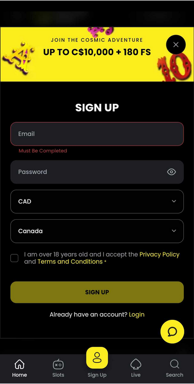 Image Process of Registering at MoonWin Casino – Step 1