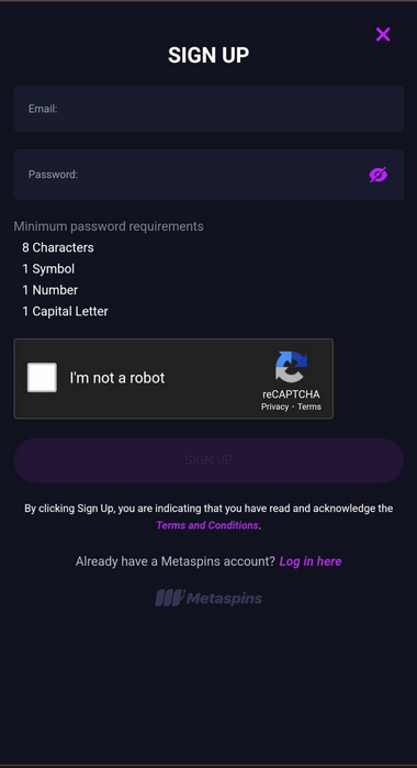 Second image depicting the registration process at Metaspins Casino.