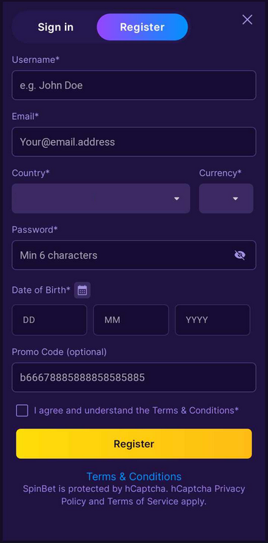 Visual guide of the SpinBet Casino registration process, Image 1.