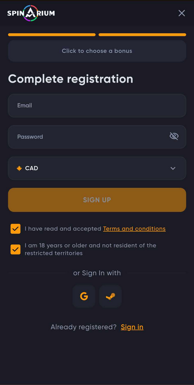 Image 2 shows the further steps in the Spinarium Casino registration process.