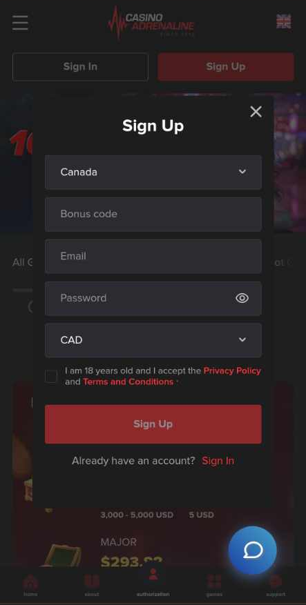 Casino Adrenaline boasts an engaging and user-friendly design that vividly conveys the excitement of the journey ahead. Its classy, modern aesthetic highlights a black backdrop accented by vibrant red and striking white. Although the navigation could be smoother, it successfully directs attention to significant categories and dropdown menus.