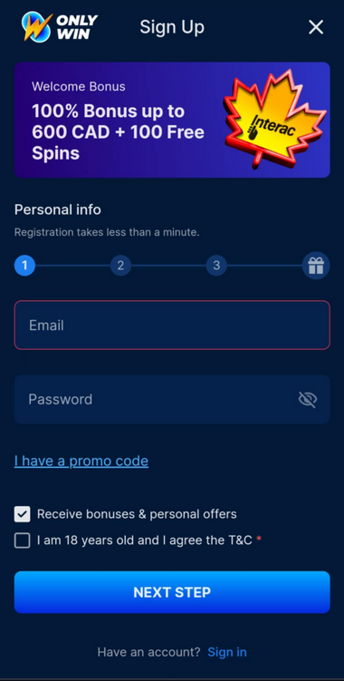 Step-by-step visuals of the registration process at OnlyWin Casino.
