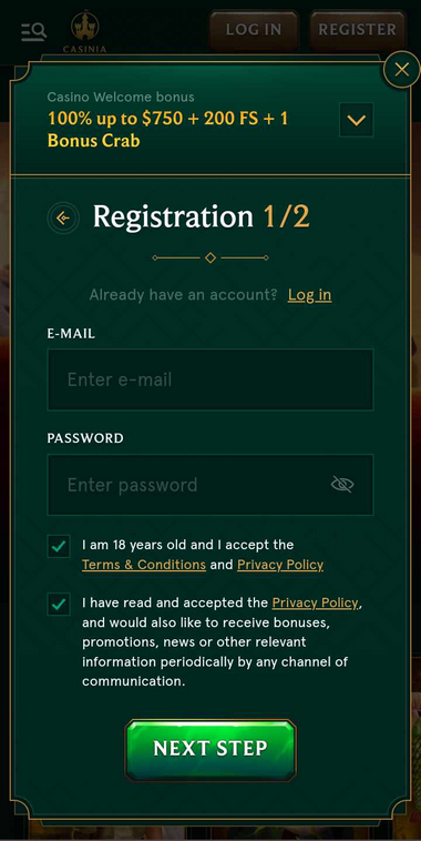 Casinia Casino Registration Guided with Visual Aids - Image Step 2