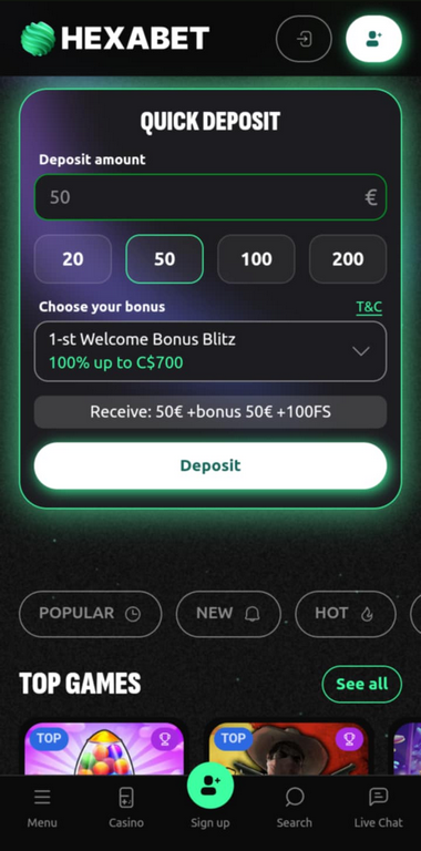 HexaBet Casino Mobile Preview 2