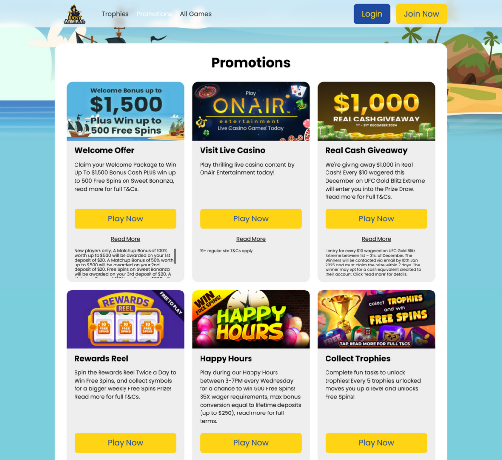 At Lucky Admiral, players can engage with a selection of over 1,000 slot games crafted by renowned developers like Yggdrasil and Playtech. A variety of themes, game styles, and features await players.